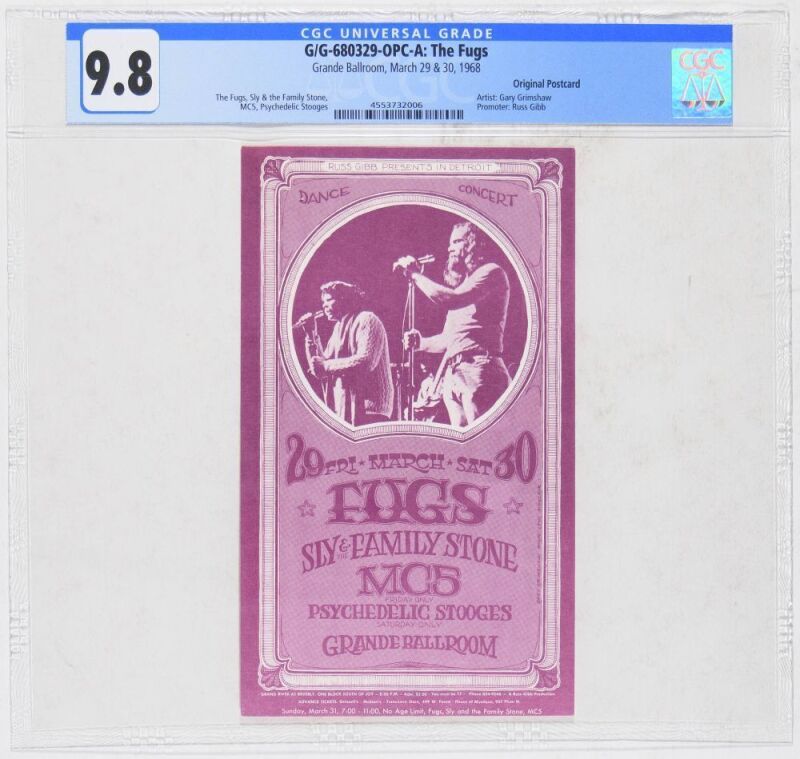 1968 G/G-680329 Fugs Sly & The Family Stone MC5 Psychedelic Stooges Grande Ballroom Detroit Postcard CGC 9.8
