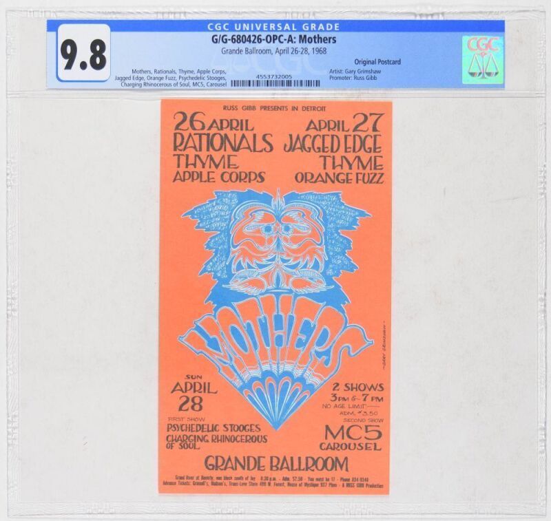 1968 G/G-680426 Frank Zappa Mothers of Invention The Stooges Grande Ballroom Detroit Postcard CGC 9.8