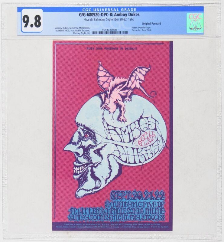 1968 G/G-680920 Amboy Dukes MC5 Stooges Grande Ballroom Detroit Postcard CGC 9.8