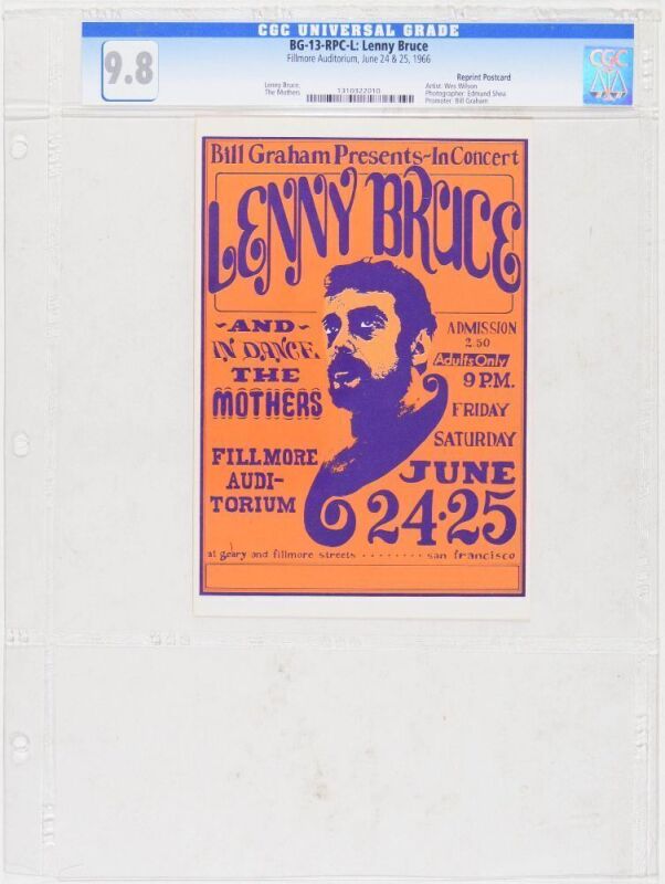 1966 BG-13 Lenny Bruce Frank Zappa The Mothers Fillmore Auditorium RP Postcard CGC 9.8