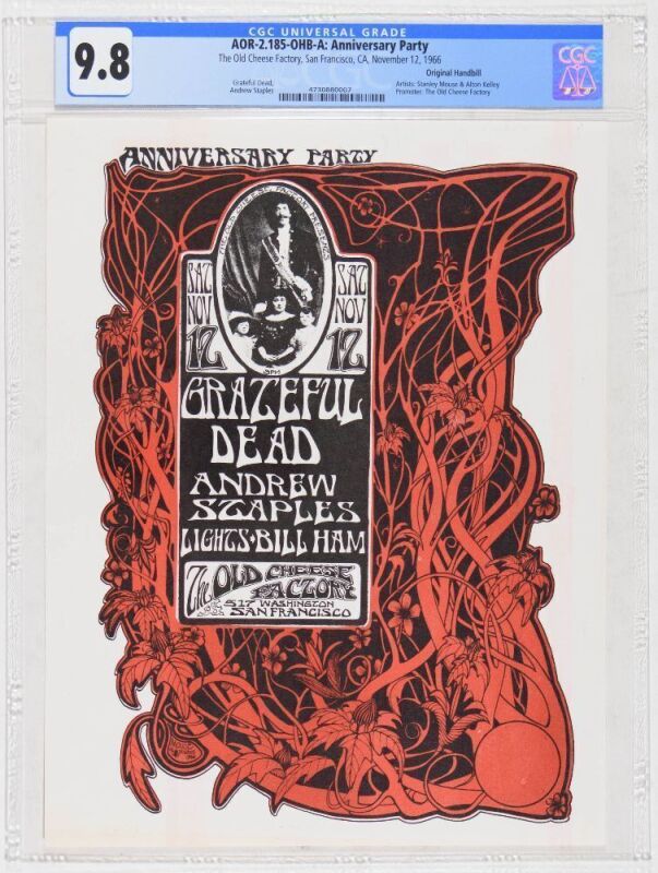 1966 AOR-2.185 Grateful Dead Andrew Staples The Old Cheese Factory Handbill CGC 9.8