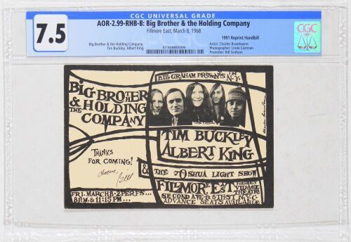 1968/1991 AOR-2.99 Big Brother & The Holding Company Tim Buckley Fillmore East RP2 Handbill CGC 7.5