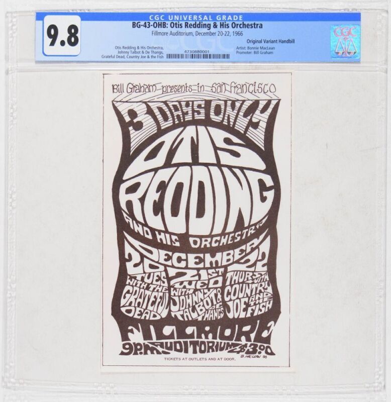 1966 BG-43 Bonnie MacLean Otis Redding Grateful Dead Fillmore Auditorium Variant Handbill CGC 9.8