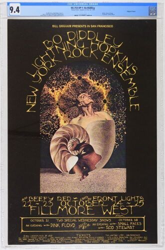 1970 BG-253 Pink Floyd Bo Diddley Lightning Hopkins Fillmore West Poster CGC 9.4