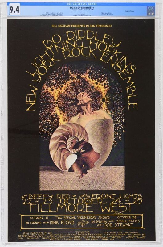 1970 BG-253 Pink Floyd Bo Diddley Lightning Hopkins Fillmore West Poster CGC 9.4