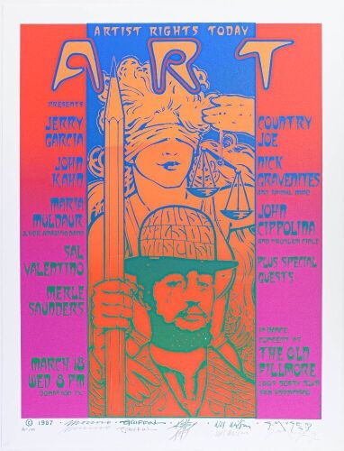 1987 Jerry Garcia Artists Rights Today Benefit Concert The Old Fillmore LE Signed Big 5 Poster Mint 93