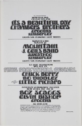 1971 Bill Graham Presents Chuck Berry Little Richard Mountain S.F. Civic Auditorium & Winterland Calendar Handbill Near Mint 87
