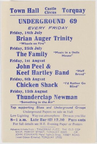 1969 Brian Auger Trinity The Family Underground 69 Torquay Town Hall Handbill GRADE NEEDED