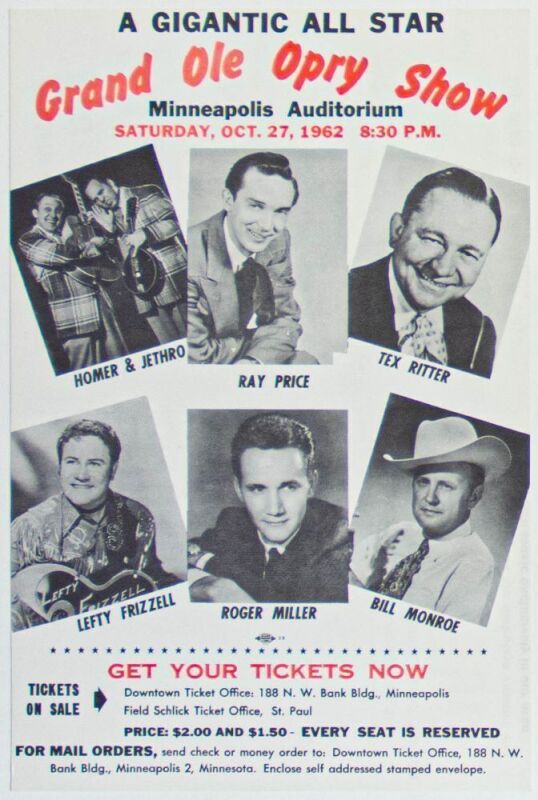 1962 Bill Monroe Grand Ole Opry Show Minneapolis Auditorium Ticket Order Form Handbill Mint 91