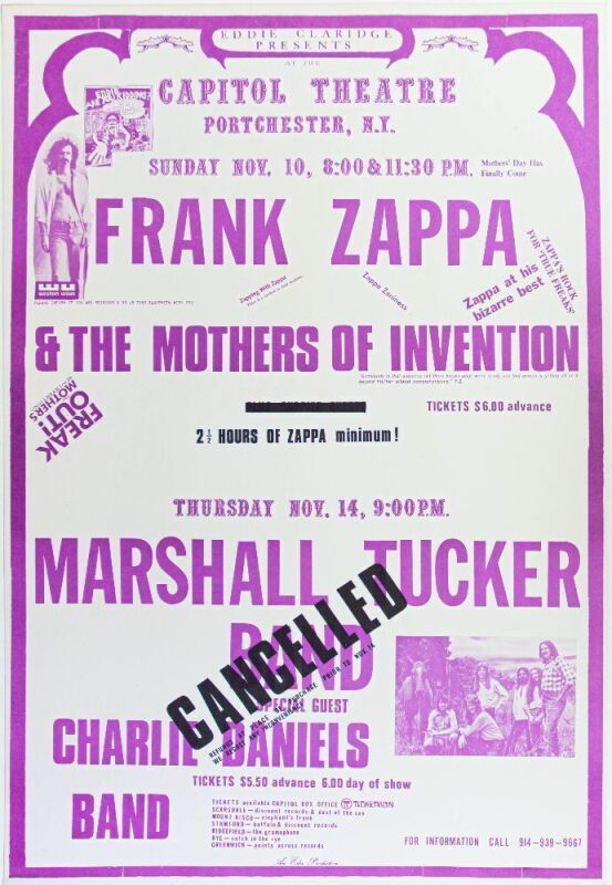 1974 Frank Zappa & The Mothers of Invention Capitol Theatre Poster Near Mint 89