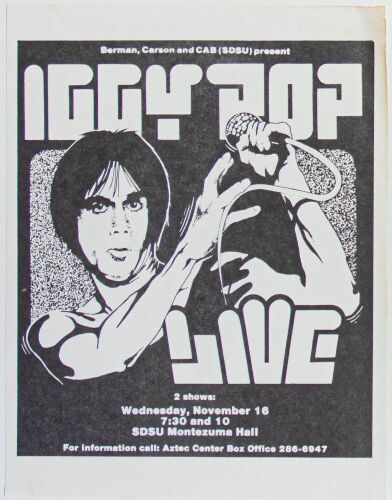 1977 Iggy Pop Montezuma Hall San Diego State University Flyer Extra Fine 67