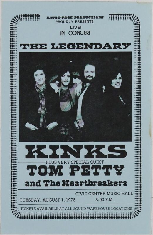 1978 The Kinks Tom Petty and the Heartbreakers Civic Center Music Hall Oklahoma City Handbill Excellent 77