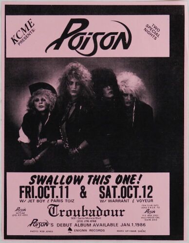 1985 Poison The Troubadour Los Angeles Handbill Near Mint 85