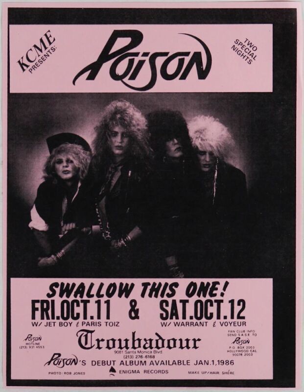 1985 Poison The Troubadour Los Angeles Handbill Near Mint 85
