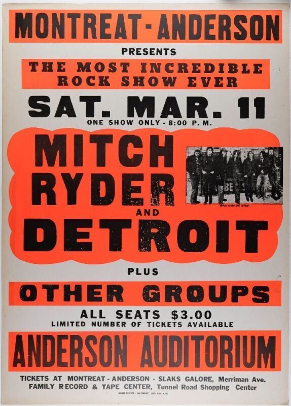 1967 Mitch Ryder & Detroit Wheels The Anderson Auditorium Montreat Globe Cardboard Poster Near Mint 85