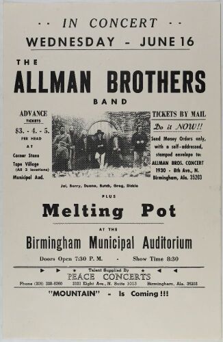 1971 Allman Brothers Band with Duane Allman Birmingham Municipal Auditorium Poster Mint 91