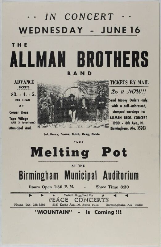 1971 Allman Brothers Band with Duane Allman Birmingham Municipal Auditorium Poster Mint 91
