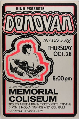 1971 Donovan Portland Memorial Coliseum Cardboard Poster Near Mint 87