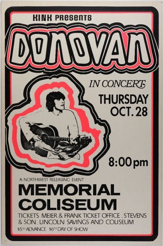 1971 Donovan Portland Memorial Coliseum Cardboard Poster Near Mint 87