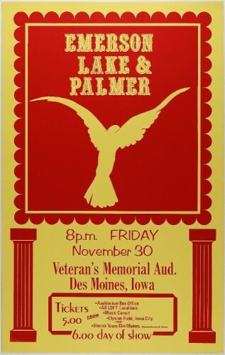 1973 Emerson, Lake, and Palmer Veterans Memorial Auditorium Des Moines Poster Near Mint 89