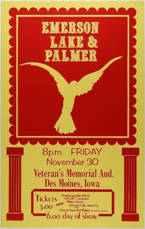 1973 Emerson, Lake, and Palmer Veterans Memorial Auditorium Des Moines Poster Near Mint 89