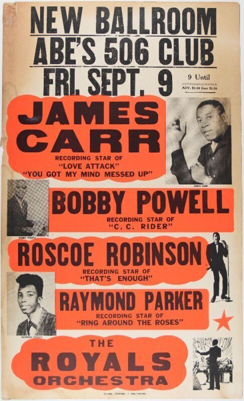 1966 James Carr Bobby Powell Abe's 506 Club Pensacola Cardboard Globe Poster Extra Fine 63