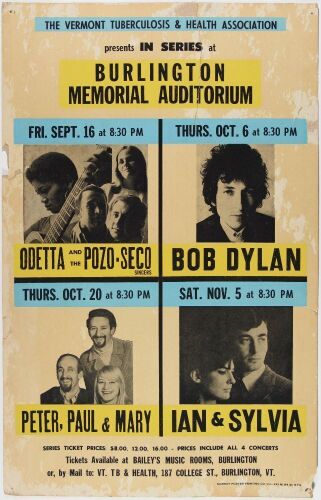 1966 Bob Dylan Peter, Paul, and Mary Burlington Memorial Auditorium Poster Extra Fine 61