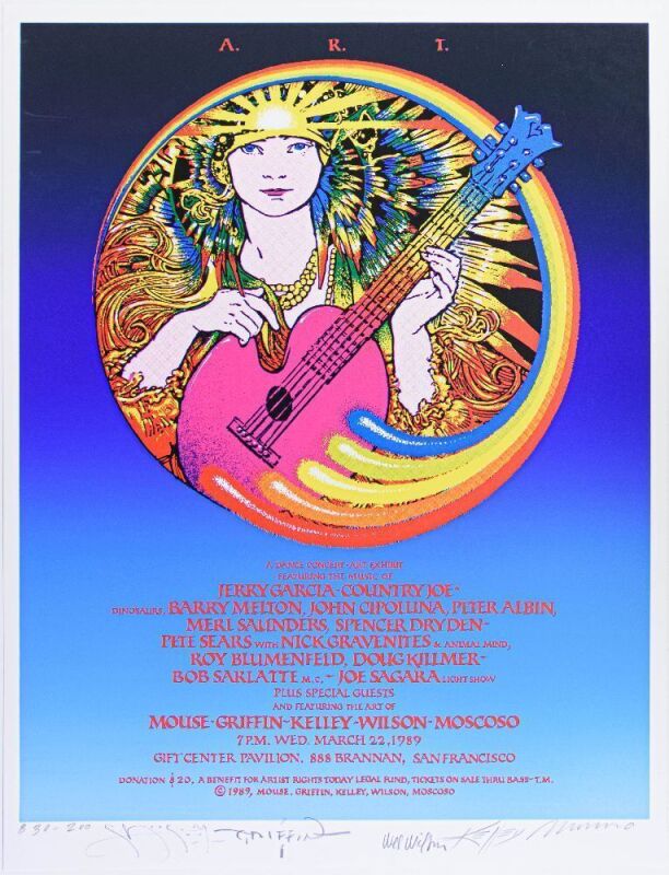 1989 Jerry Garcia Artist Rights Today Gift Center Pavilion San Francisco LE Signed Big 5 Poster Mint 93