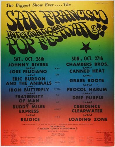 1968 Canned Heat Iron Butterfly Deep Purple San Francisco International Pop Festival Poster Excellent 75