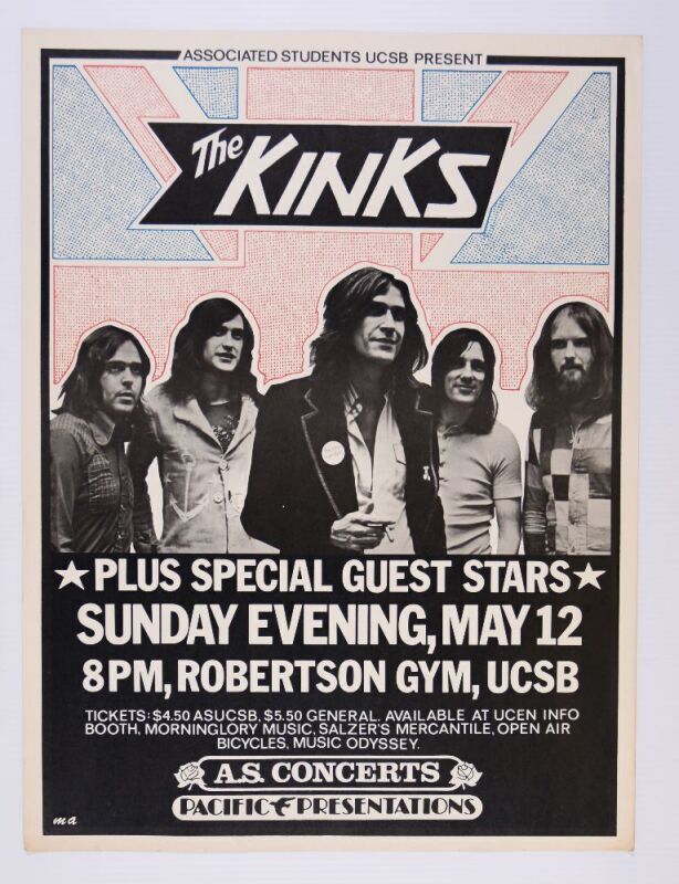 1974 The Kinks UCSB Robertson Gym Santa Barbara Poster Near Mint 81