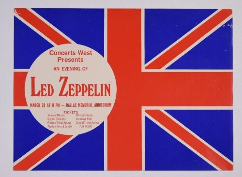 1970 Led Zeppelin Dallas Memorial Auditorium Handbill Extra Fine 69