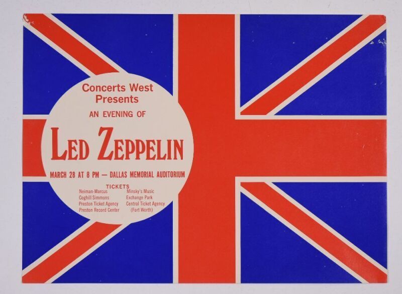 1970 Led Zeppelin Dallas Memorial Auditorium Handbill Extra Fine 69