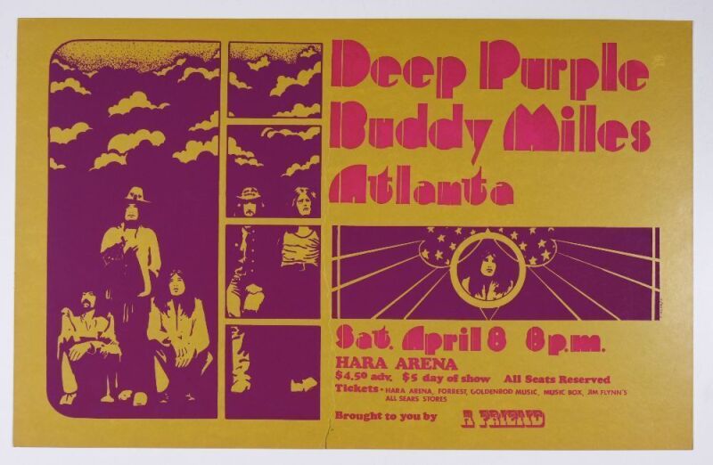 1972 Deep Purple Akron Civic Theater Poster Extra Fine 69