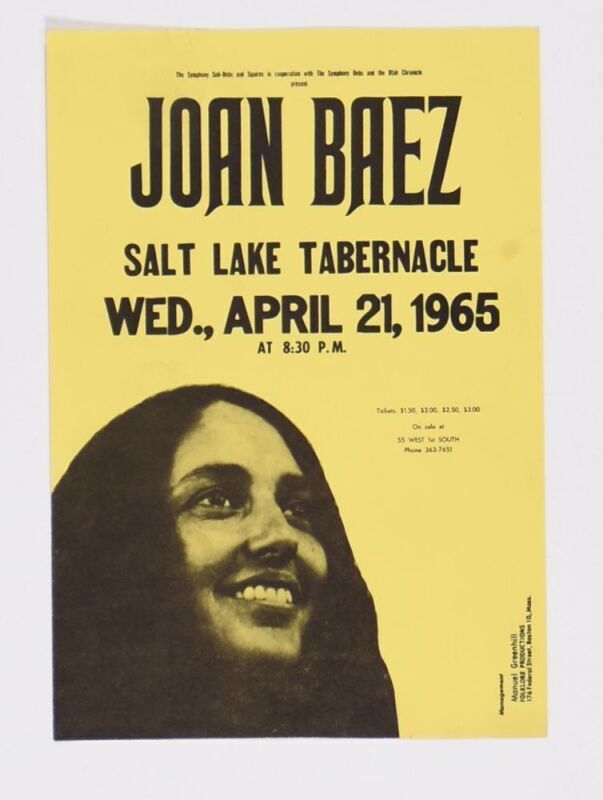 1965 Joan Baez Salt Lake Tabernacle Handbill Near Mint 89