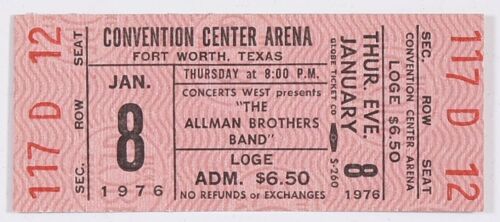 1976 Allman Brothers Band Ft Worth Convention Center Arena Ticket Mint 93