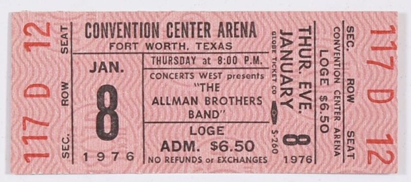 1976 Allman Brothers Band Ft Worth Convention Center Arena Ticket Mint 93