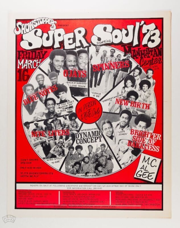 1973 Blue Notes The O'Jays The Nite Liters The Spinners Manhattan Center Cardboard Poster Excellent 79