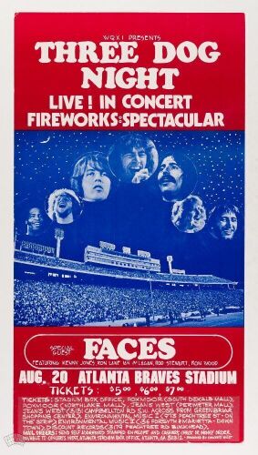 1973 The Faces with Rod Stewart Three Dog Night Atlanta Braves Stadium Cardboard Poster Excellent 77