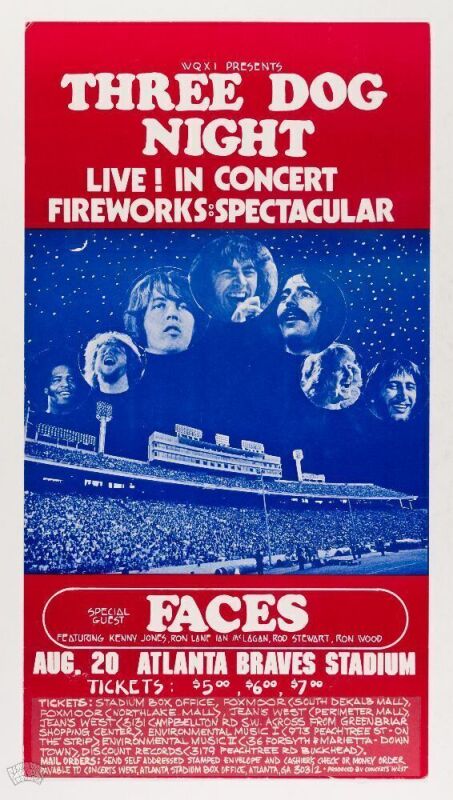 1973 The Faces with Rod Stewart Three Dog Night Atlanta Braves Stadium Cardboard Poster Excellent 77