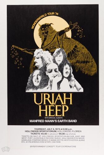 1974 Uriah Heep Manfred Mann's Earth Band Hollywood Sportatorium Poster Mint 91