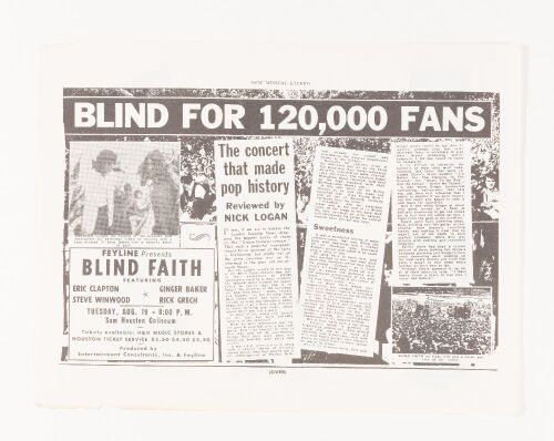 1969 Blind Faith Sam Houston Coliseum Flyer Near Mint 85
