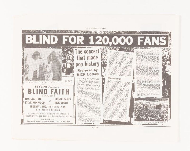 1969 Blind Faith Sam Houston Coliseum Flyer Near Mint 85