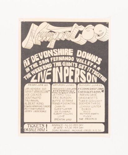 1969 Jimi Hendrix Newport Pop Festival Devonshire Downs Flyer Extra Fine 69