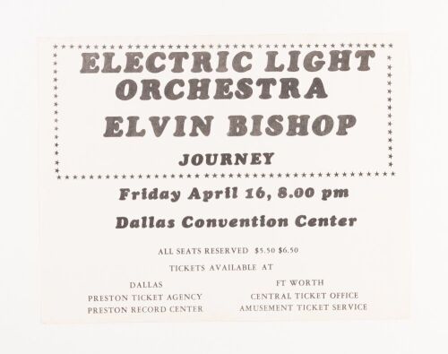 1976 Electric Light Orchestra Elvin Bishop Dallas Convention Center Handbill Excellent 77