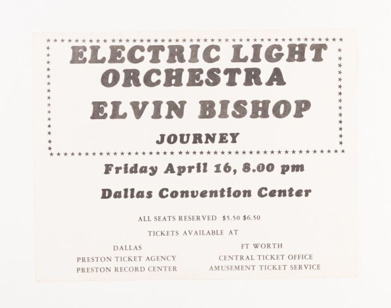 1976 Electric Light Orchestra Elvin Bishop Dallas Convention Center Handbill Excellent 77