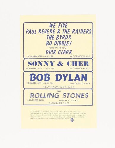1965 Bob Dylan Rolling Stones McCormick Place Chicago Handbill Extra Fine 65