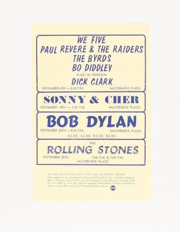 1965 Bob Dylan Rolling Stones McCormick Place Chicago Handbill Extra Fine 65