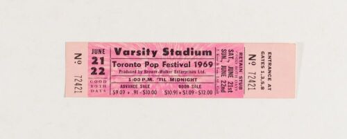 1969 The Band Velvet Underground Chuck Berry The Toronto Pop Festival Ticket Mint 91
