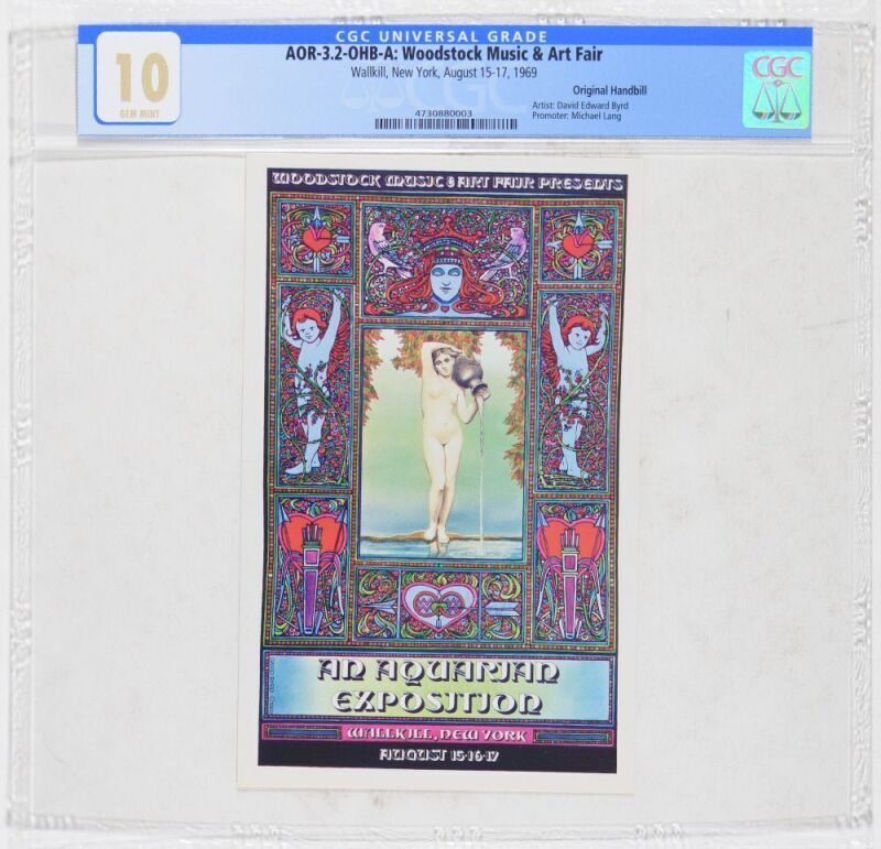 1969 AOR-3.2 David Byrd Woodstock Festival Wallkill New York Handbill CGC 10
