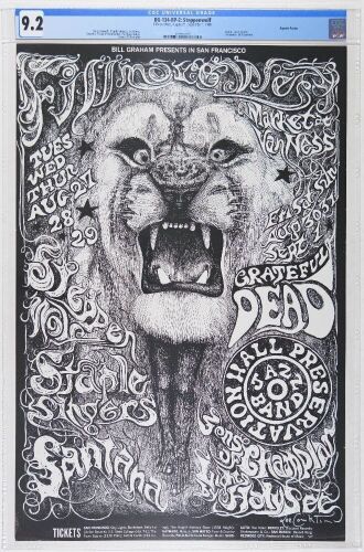 1968 BG-134 Grateful Dead Santana Steppenwolf Fillmore West RP2 Signed Conklin Poster CGC 9.2